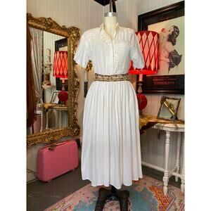 vintage 1980s cream cotton dress crochet lace s/m gauze pockets full skirt boho